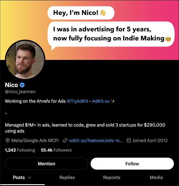 Screenshot of Nico Jeannen's X profile