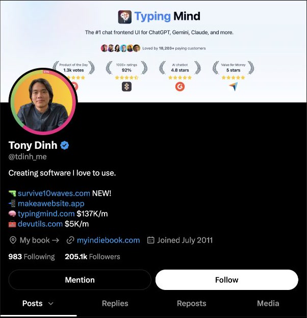 Screenshot of Tony Dinh's X profile