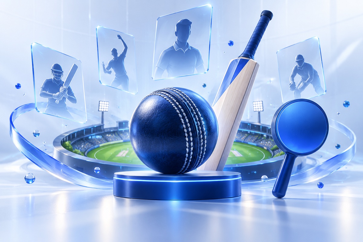 Illustration of a cricket ball, bat, and stadium