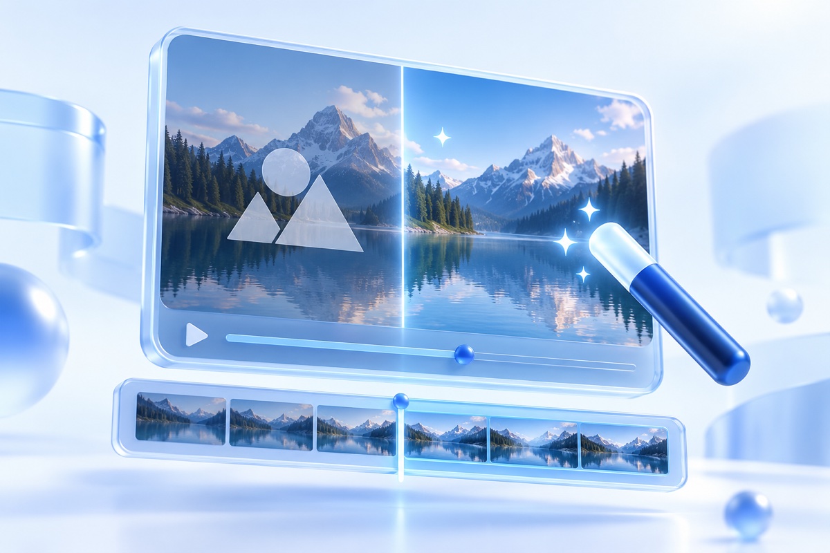 Illustration of a video frame being cleaned with an editing wand