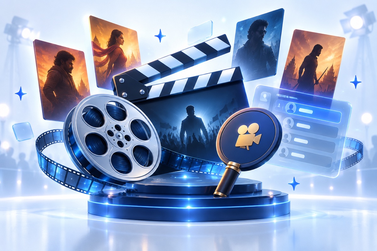 Illustration of cinema posters, a film reel, and an auction paddle
