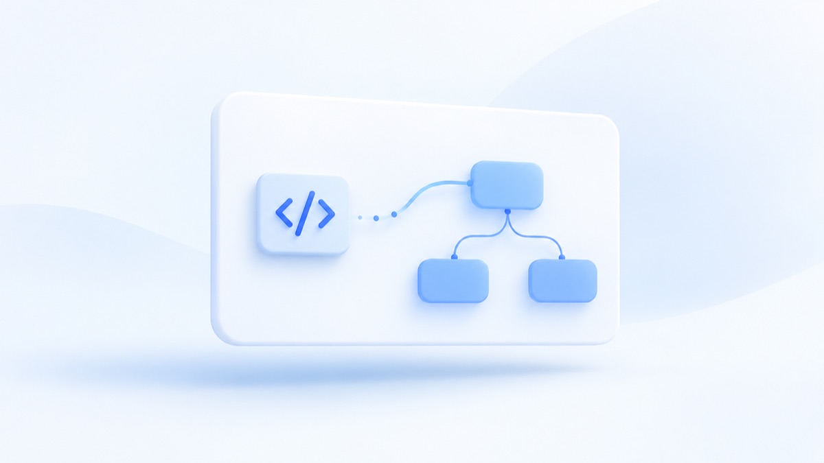 A code symbol becoming a simple connected diagram on a whiteboard
